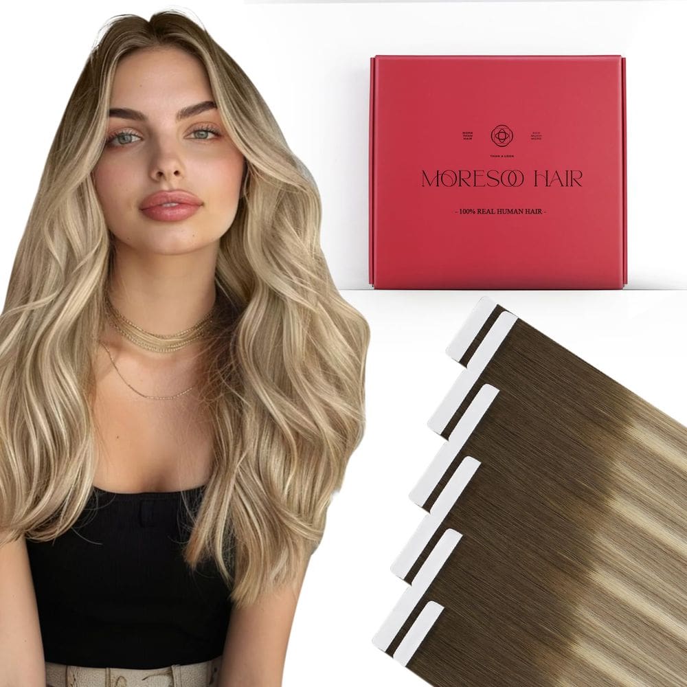 Fita adesiva em extensões de cabelo Moresoo 40cm 10 peças 25g Remy Huma