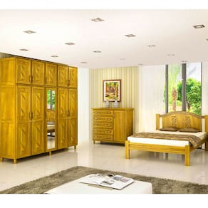 Quarto de Casal Grécia: Guarda-Roupa 10 Portas c/ Espelho Cama Cômoda Sapateira Madeira Pinus Freijó - Cavazotto