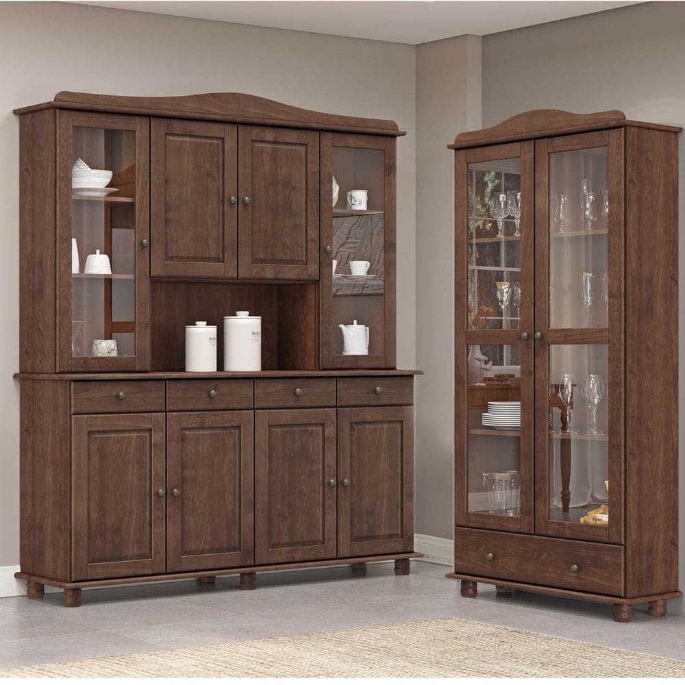 Conjunto Cozinha: Cristaleira 8 Portas 4 Gavetas e Armário 2 Portas 1 Gaveta Rubi Café Madeira Pinus - Finestra