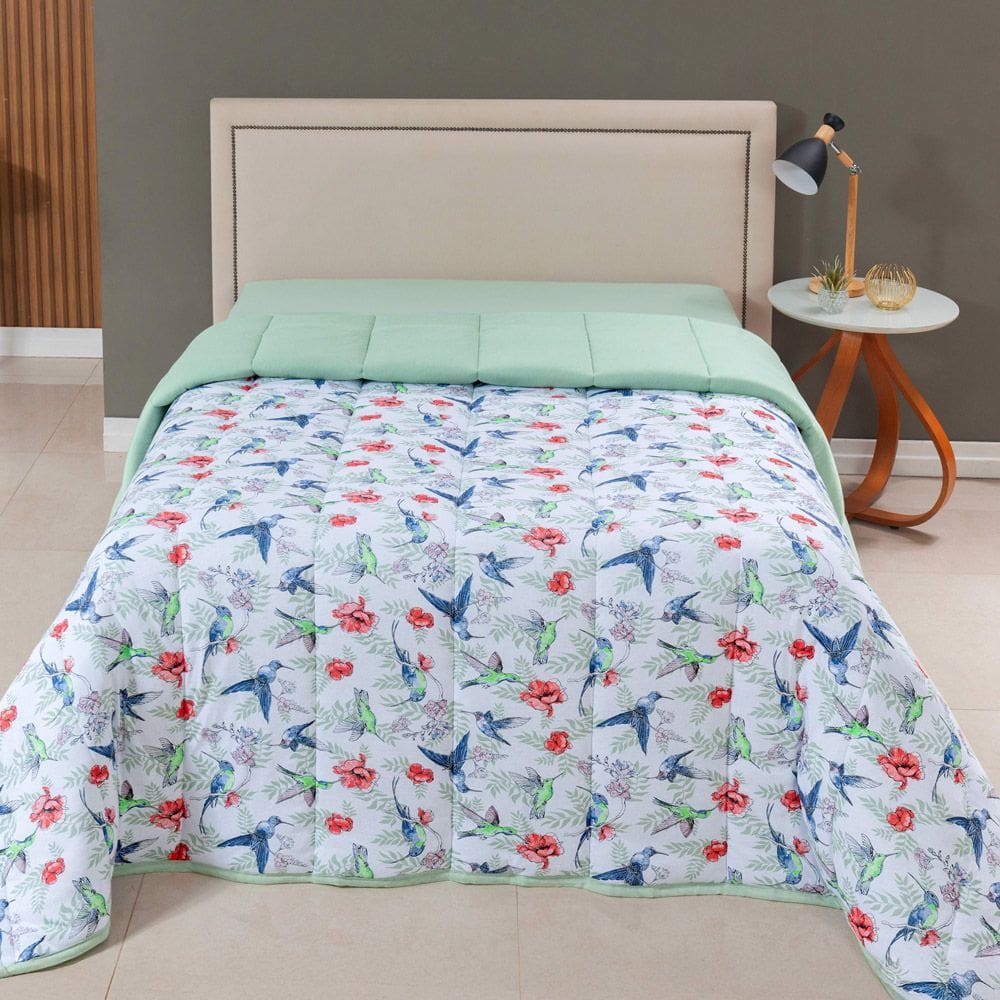 Edredom Cobertor Sonnet King Malha Estampada Dupla Face 100% Algodão - Beija Flor - Verde
