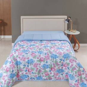 Edredom Cobertor Sonnet Solteiro Malha Estampada Dupla Face 100% Algodão - Floral - Azul Turquesa