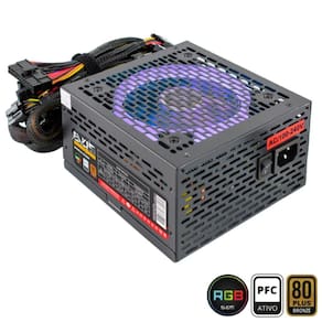 Fonte Gamer Evus 600W 80 Plus Bronze Pfc Ativo Com Led Rgb