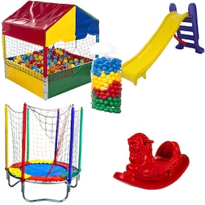 Kit Cama Elástica 1,40m Piscina de Bolinhas 1,00m c/ 500 Bolinhas Escorregador Médio Gangorra 1 Lugar