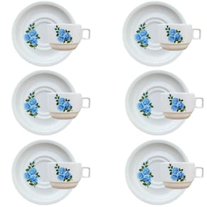 Jogo 6 xícaras Café Chá c/ pires 200ml Empilháveis Flor Azul