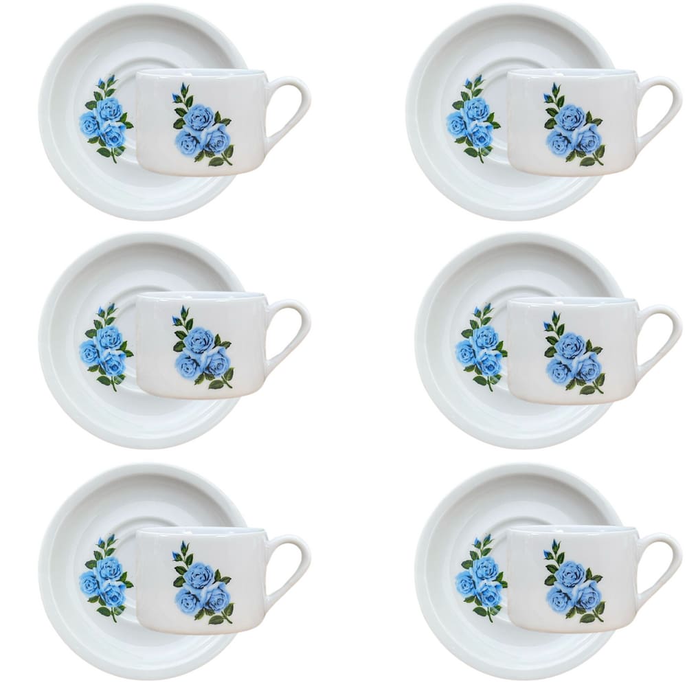 Jogo 6 xícaras Café/Chá com pires 170ml Base Reta Flor Azul