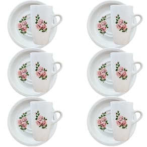 Jogo 6 xícaras Café/Chá 150ml Cônica Alta c/ pires Flor Rosa