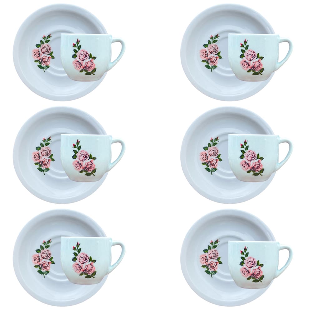 Jogo 6 Xicaras Café/Chá Cônica com pires 170ml - Flor Rosa