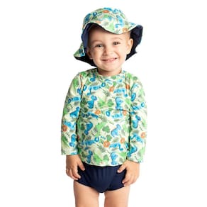Conjunto Praia Bebê e Infantil Proteção UV com Chapéu Dino Baby Marinho Diju