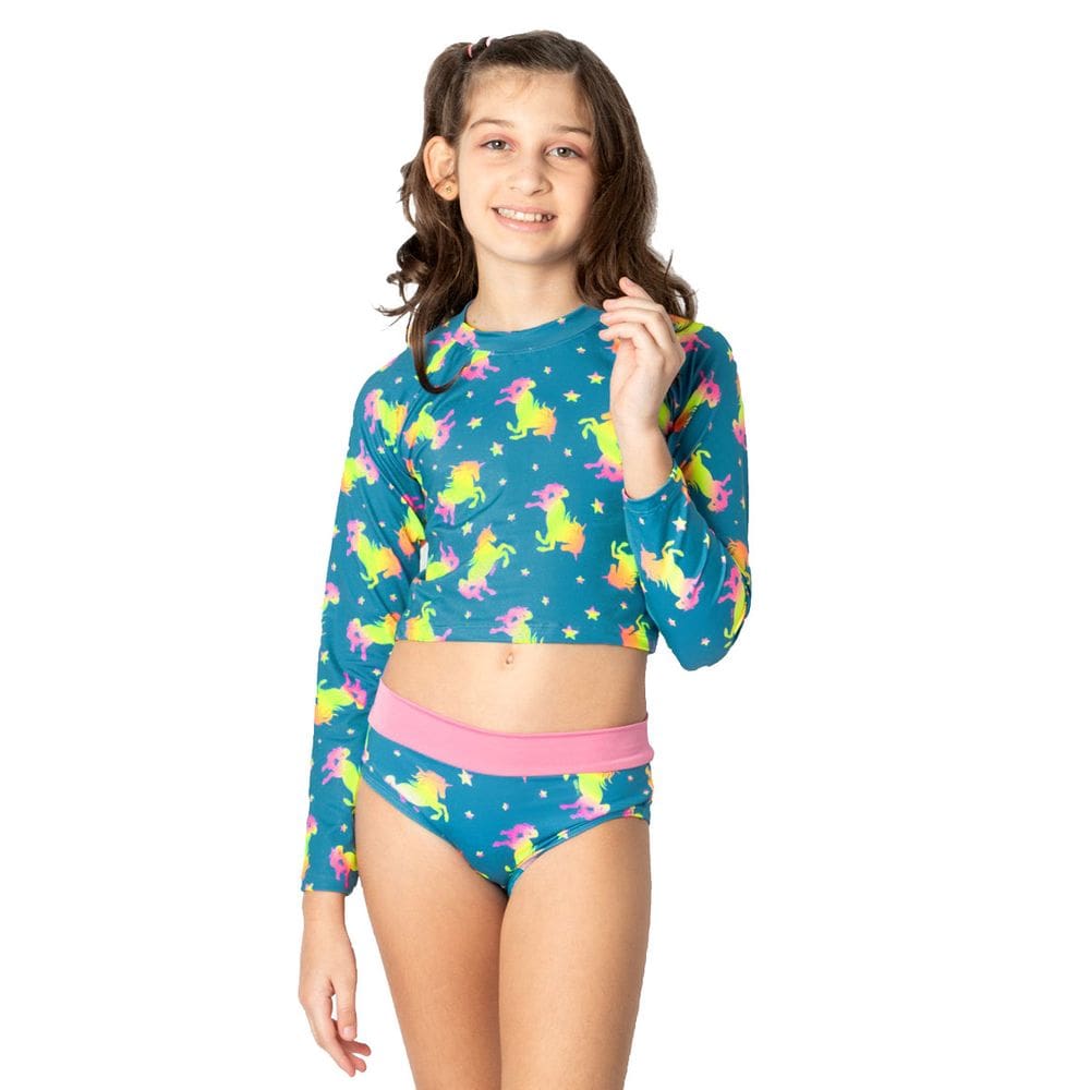 Biquíni Infantil Proteção UV Cropped Unicórnios Azul Diju