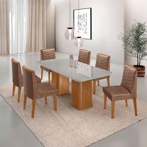 Mesa De Jantar Eloise Tampo MDF Vidro Com 6 Cadeiras Moderna Tork Off White Naturale