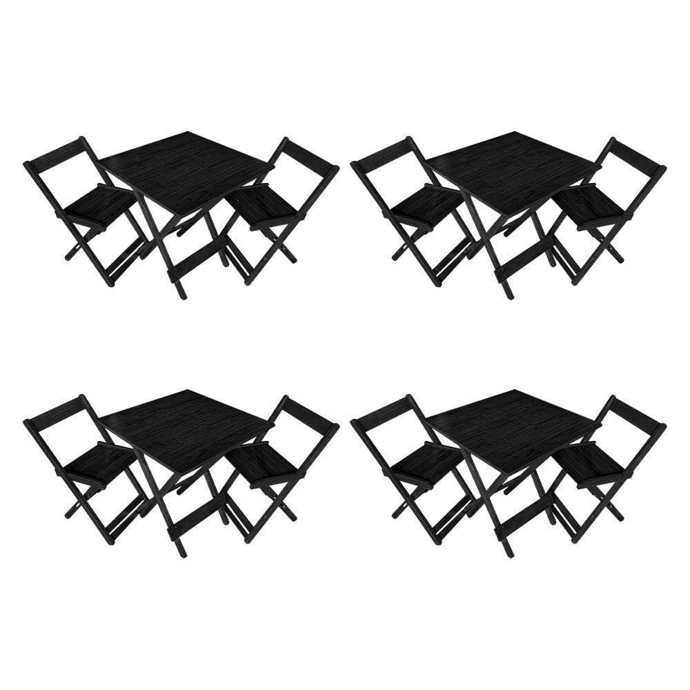 Kit 4 Conjuntos De Mesa Dobrável 70x70cm Em Madeira Maciça Para Restaurantes Com 2 Cadeiras Preto