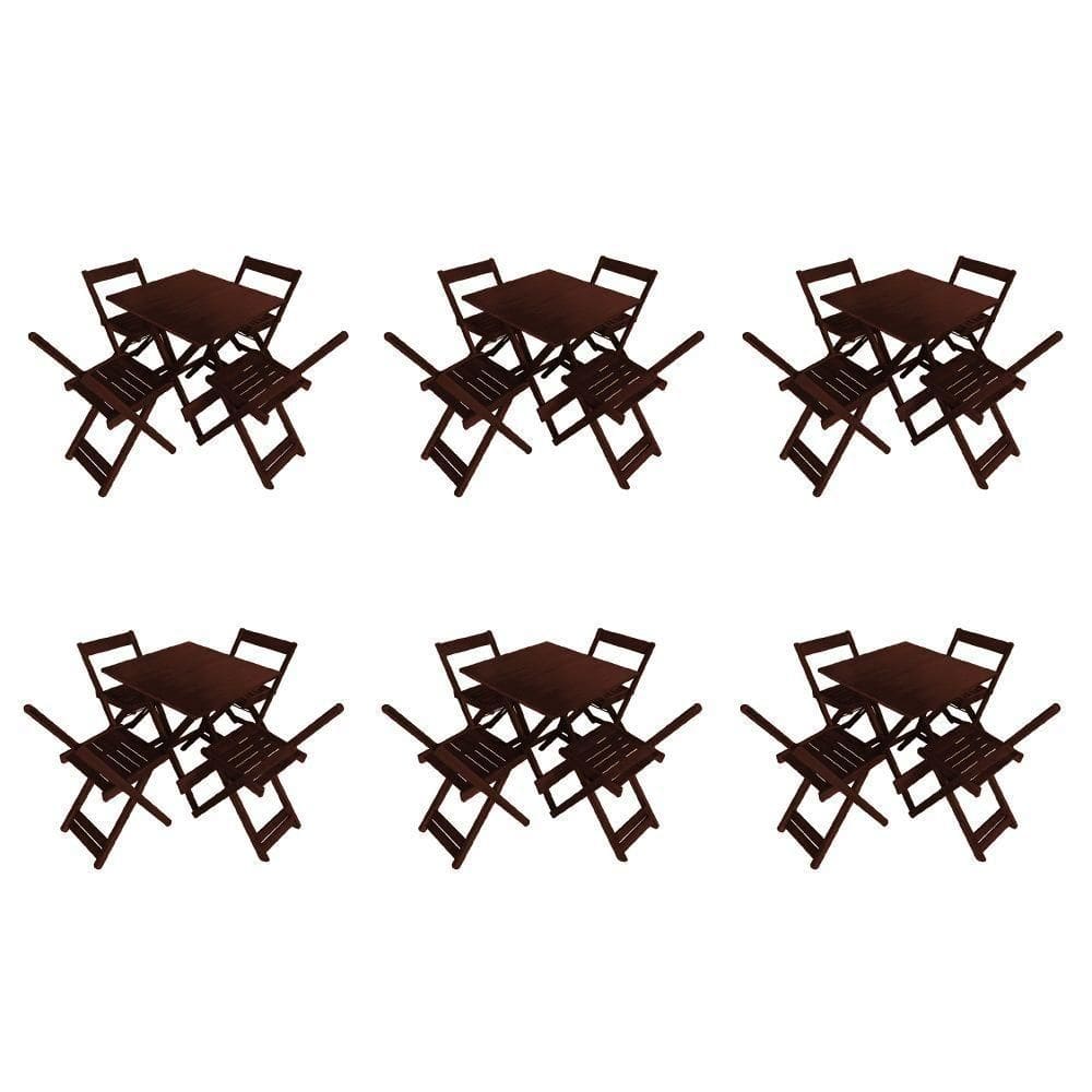 Kit 6 Conjuntos De Mesas Dobráveis 70x70 Em Madeira Maciça Para Restaurantes Com 4 Cadeiras Imbuia Marrom