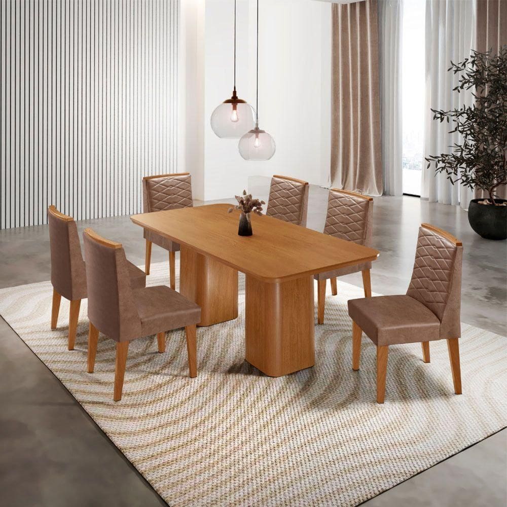 Mesa De Jantar Eloise 180cm Tampo MDF Com 6 Cadeira Moderna Tork Naturale