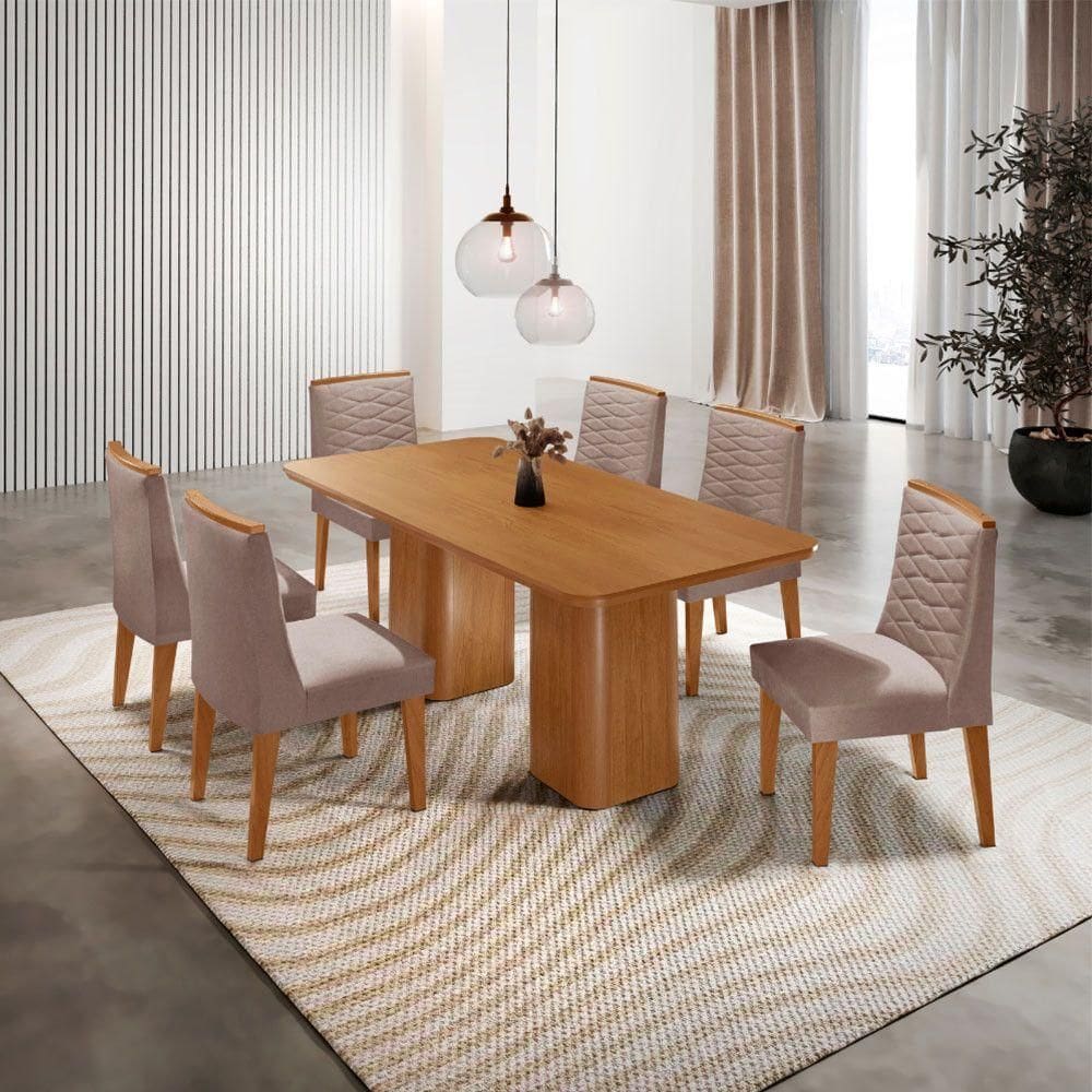 Mesa De Jantar Eloise 180cm Tampo MDF Com 6 Cadeira Moderna Linho Capuccino Naturale