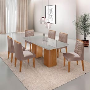 Mesa De Jantar Eloise Tampo MDF Vidro Com 6 Cadeiras Moderna Linho Capuccino Off White Naturale