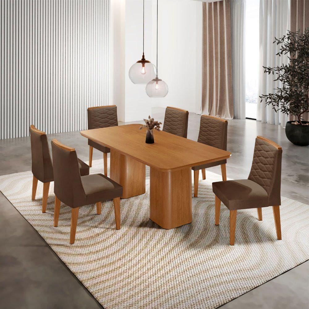 Mesa De Jantar Eloise 180cm Tampo MDF Com 6 Cadeira Moderna Veludo Marrom Naturalle