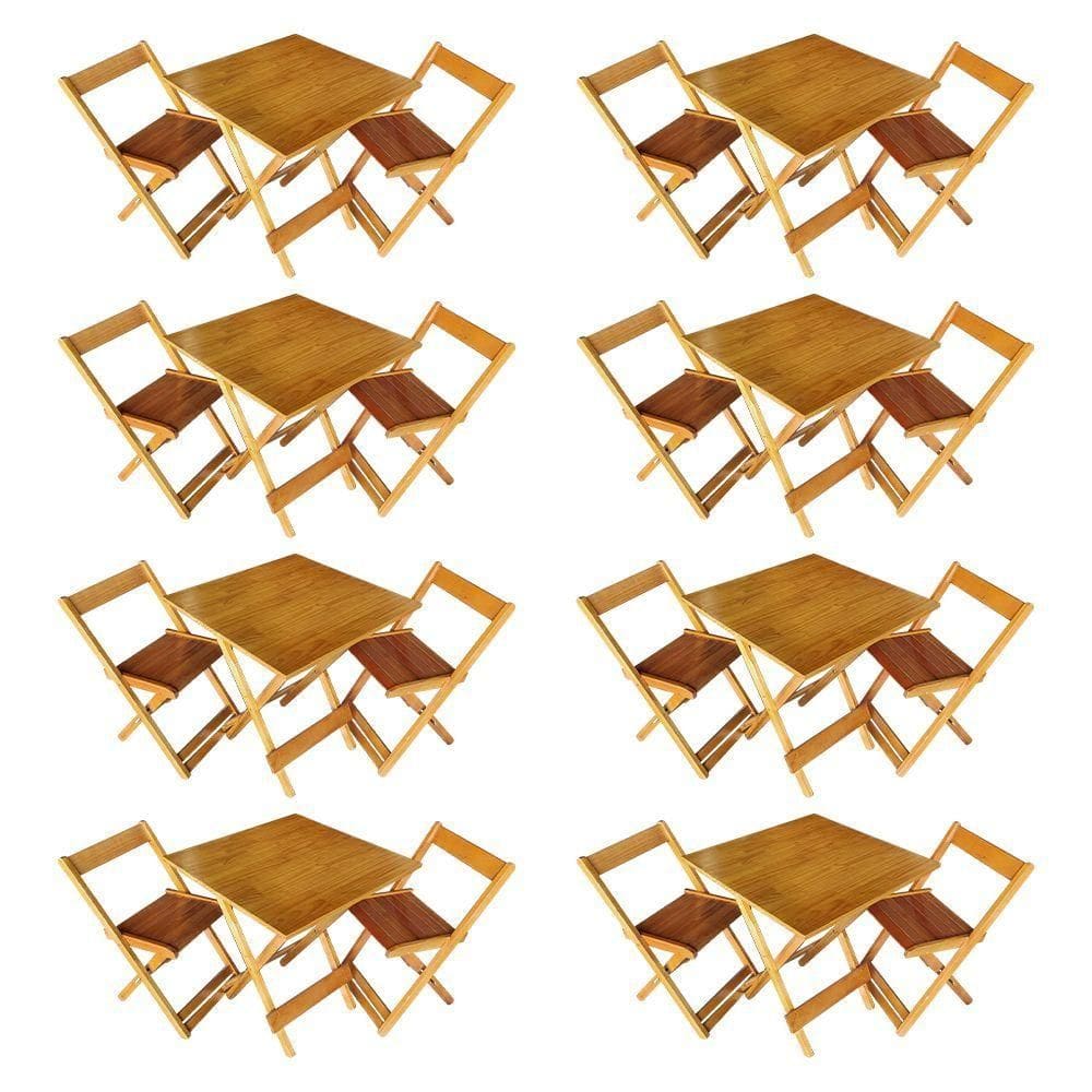 Kit 8 Conjuntos De Mesa Dobrável 70x70cm Em Madeira Maciça Para Restaurantes Com 2 Cadeiras Mel Bege