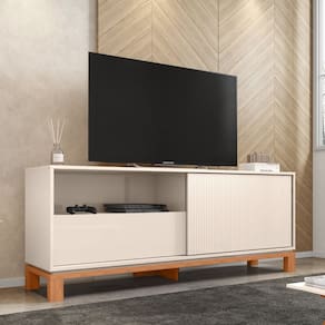 Rack para Tv até 55 Polegadas Porta com Textura Microrripada Pés Cavalete Mondrian 1.5 Off White/Freijó