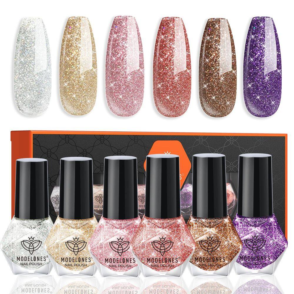 Conjunto de esmaltes Modelones, 6 cores, vermelho, nude, ouro, glitter