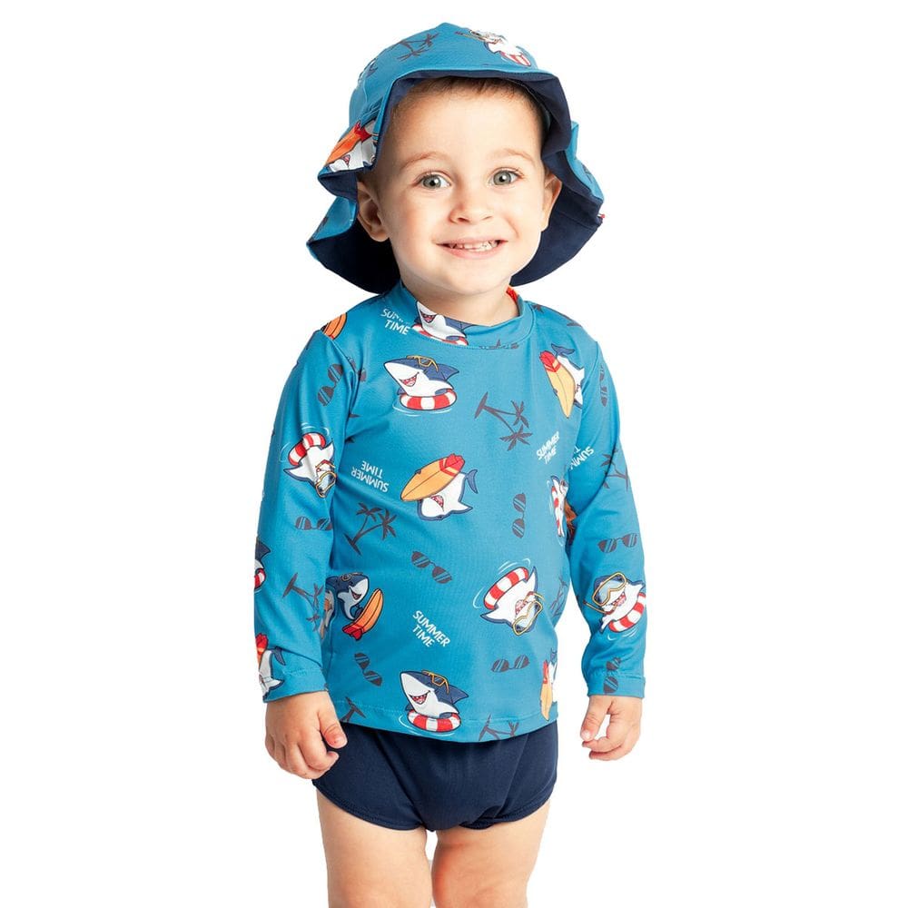 Conjunto Praia Bebê e Infantil Proteção UV com Chapéu Tubarão de Férias Marinho Diju