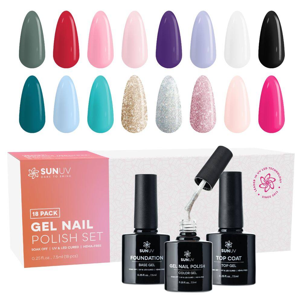 Conjunto de esmaltes em gel SUNUV Hema Free 16 cores 7,5 ml com camada superior básica