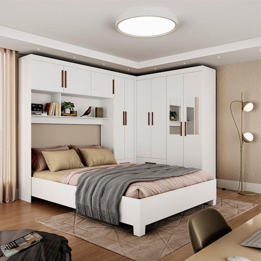 Guarda Roupa Casal Modulado 5 Portas com Cama Hercules 4 Portas 4 Gavetas Branco