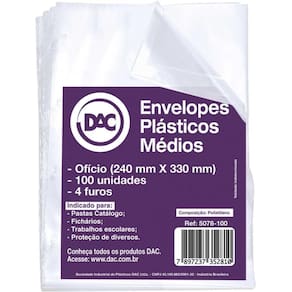 Envelope Plastico Oficio 4Furos Medio 0,10Mm - Dac Pct/100