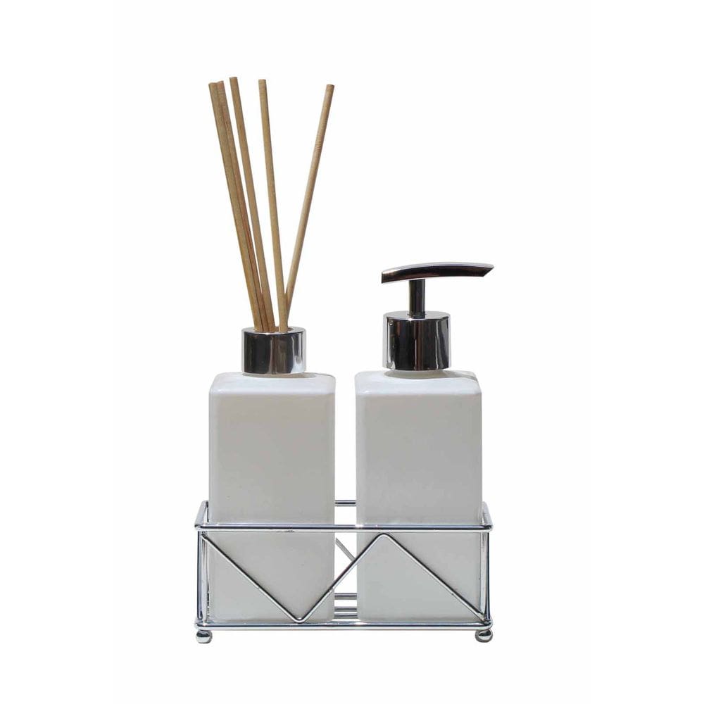 Kit Saboneteira Difusor Vidro Branco 250ML + Bandeja Prata