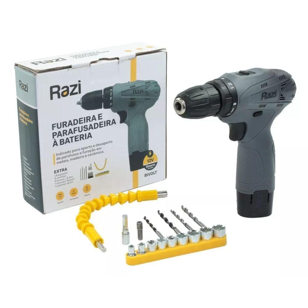 Parafusadeira e Furadeira Razi Multifuncional Porta´til 350-1400 RPM Sem Fio Bivolt Bateria 12vCom22 Acesso´rios