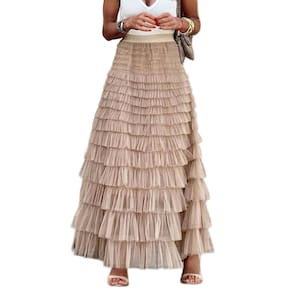 Saia maxi de tule Flygo para mulheres, champanhe, tamanho L