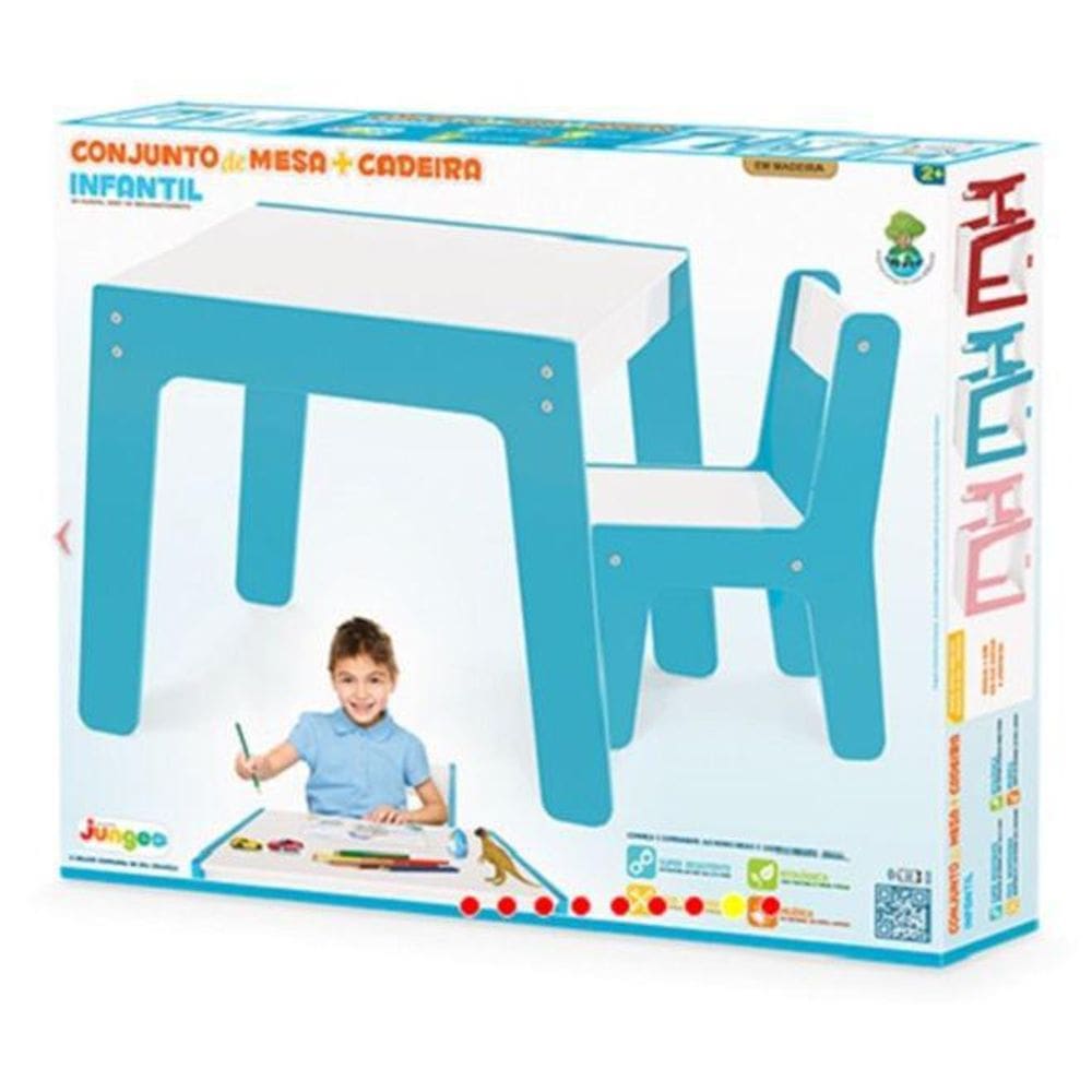 Kit Conjunto Mesa Infantil Em Madeira Com Cadeira Azul