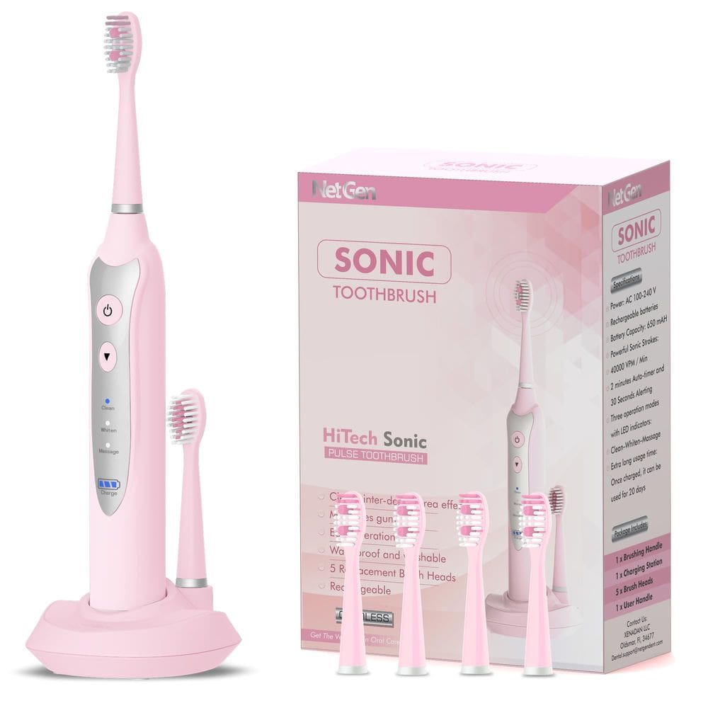Escova de dentes elétrica NetGen Sonic com 5 cabeças de reposição rosa