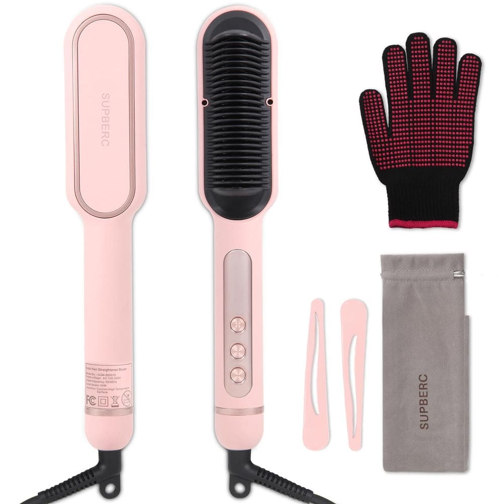 Escova de alisamento de cabelo SUPBERC Negative Ionic 9 Temp Pink