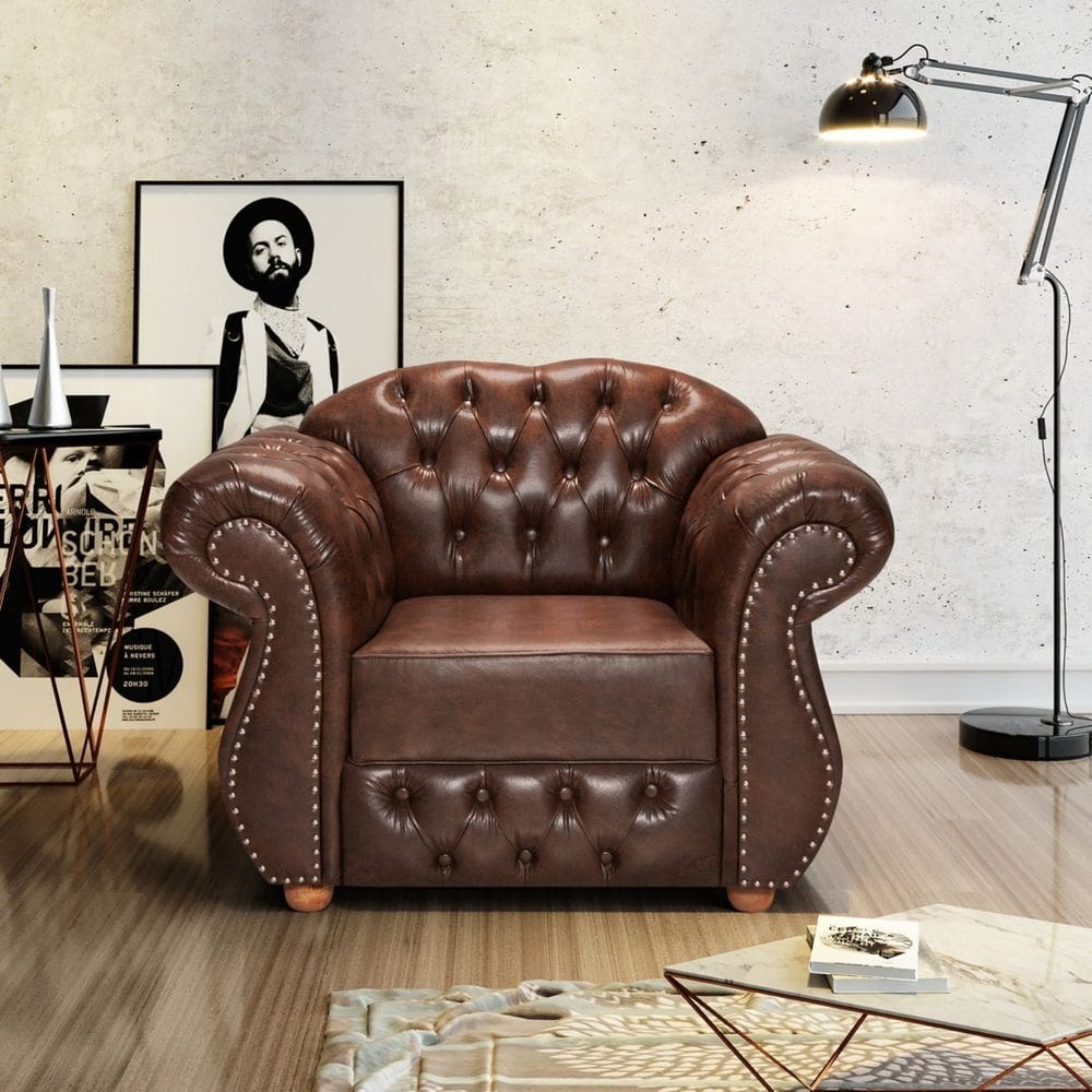Poltrona para Sala de Estar Chest Merlô Design de Luxo Marrom Pinhão
