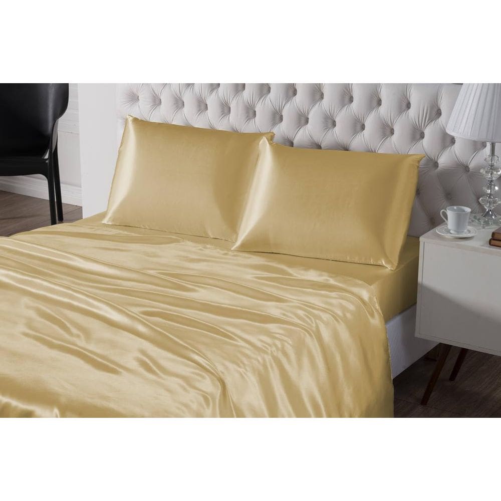 Kit Lençol De Seda 4 Peças Casal Queen Dourado Cetim