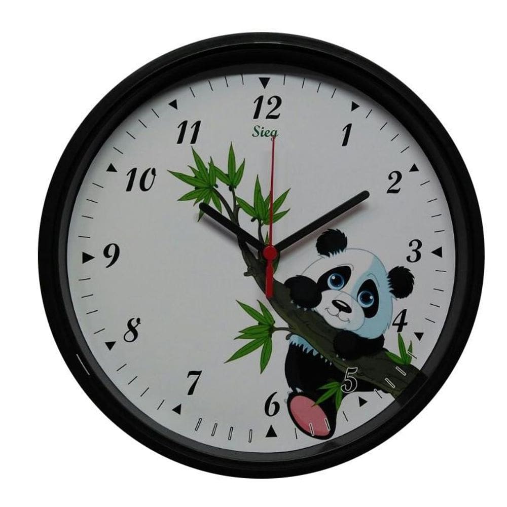 Relógio Sieg Redondo Preto Fundo Ursinho Panda 24cm