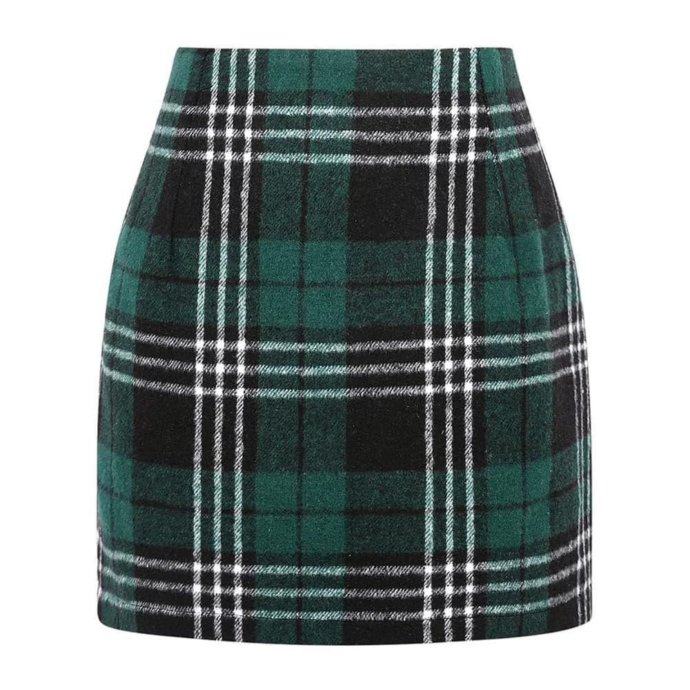 Saia feminina Kinghua, xadrez de lã, mini cintura alta, verde