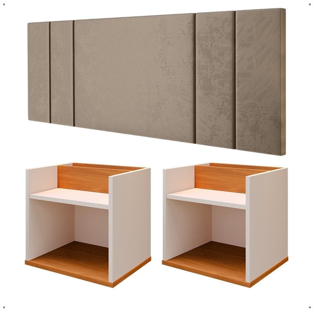 Kit Mesa Madri Apoio Lateral Cama Off/Cinamomo Suspensa Parede Cabeceira Luana Bege suede Elegante Aérea Quarto Casal
