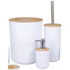 Kit Banheiro Bambu Lixeira Saboneteira 6 Peças Branco