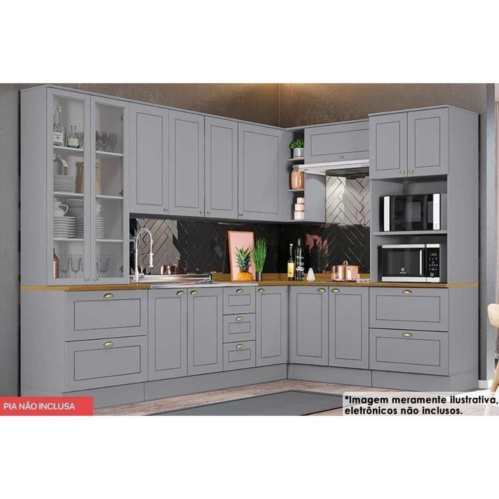 Kit Cozinha Modulada 10 Peças Americana 3 Aéreos + 3 Balcões + 2 Paneleiros + 2 Complementos C5p36 Cinza2 Aéreos + 1 Balcão + 1 Complemento