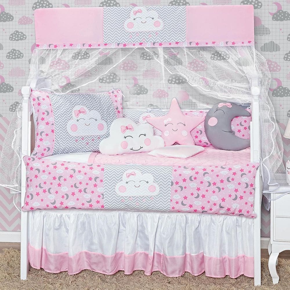 Kit Berço 12 Peças Com Saia Box Rosa Claro Nuvem Completo