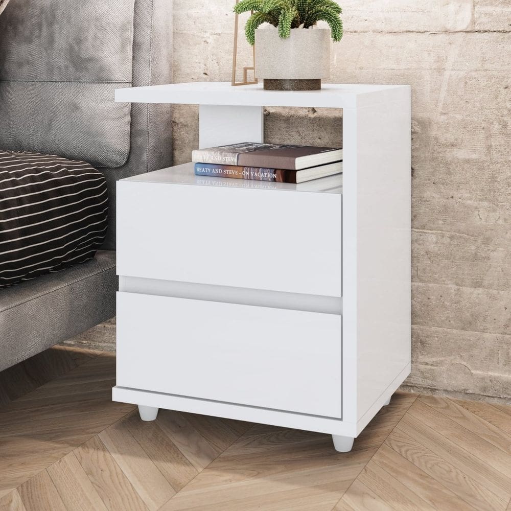 Mesa de Apoio e Cabeceira 2 Gavetas Chanfradas Branco