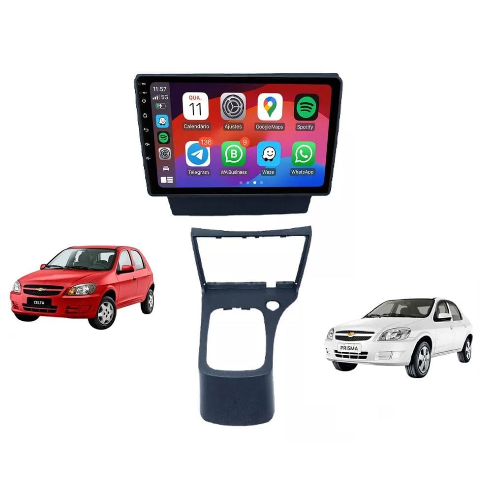 Kit Multimídia Celta Prisma 06 / 15 CarPlay AndroidAuto 9 Pol USB FM Bt - 908BR Roadstar