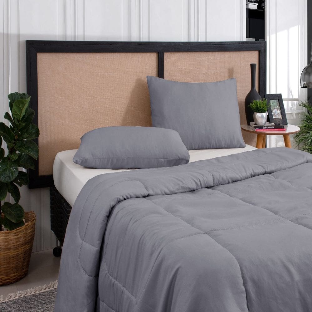 Kit Edredom Casal Queen 3 Peças Margarida Cama Box Cinza