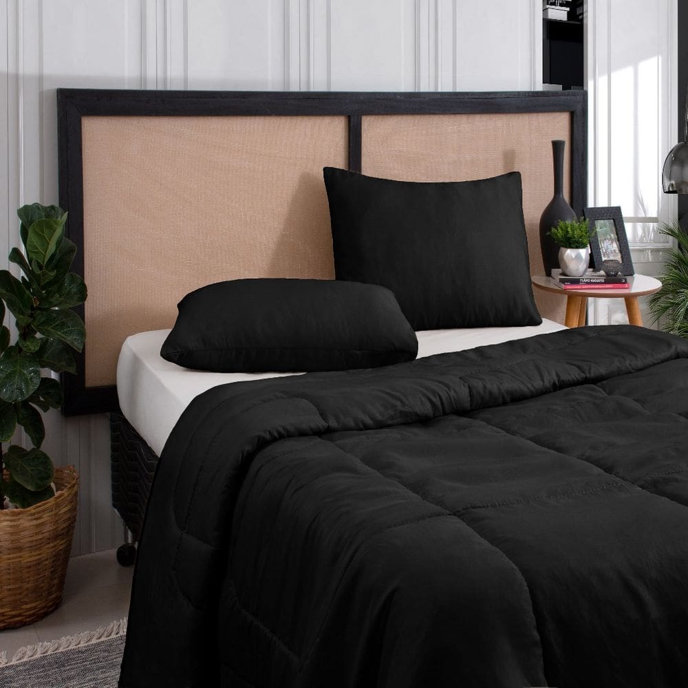 Kit Edredom Casal Queen 3 Peças Margarida Cama Box Preto