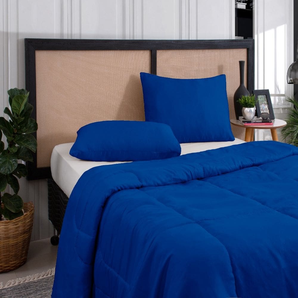 Kit Edredom Casal Queen 3 Peças Margarida Cama Box Azul