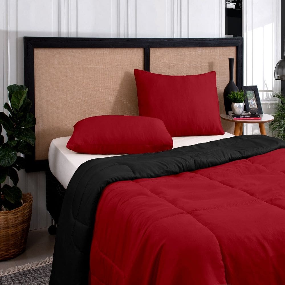 Kit Edredom Casal Queen 3 Peças Margarida Cama Box Vermelho e Preto