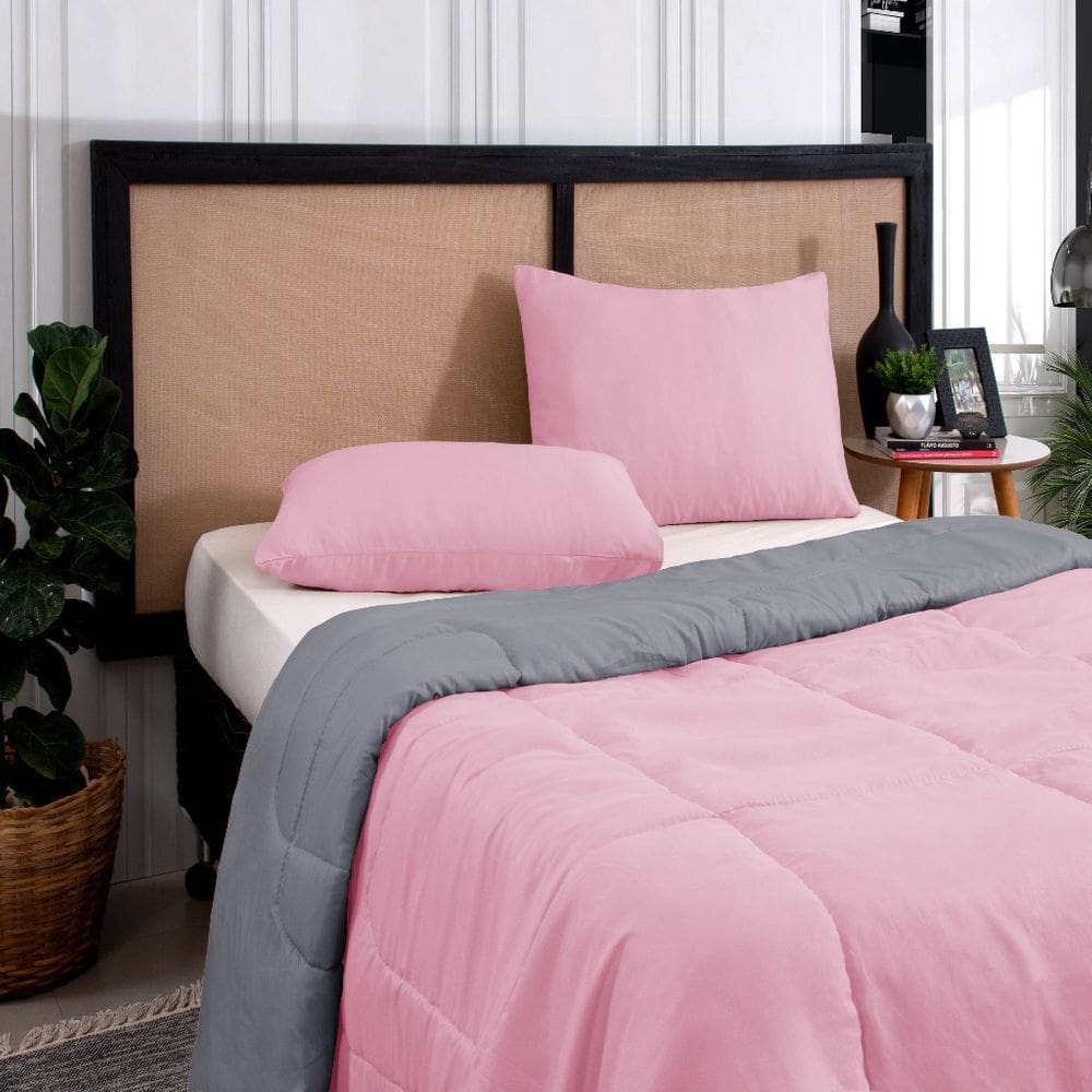 Kit Edredom Casal Queen 3 Peças Margarida Cama Box Rosa e Cinza