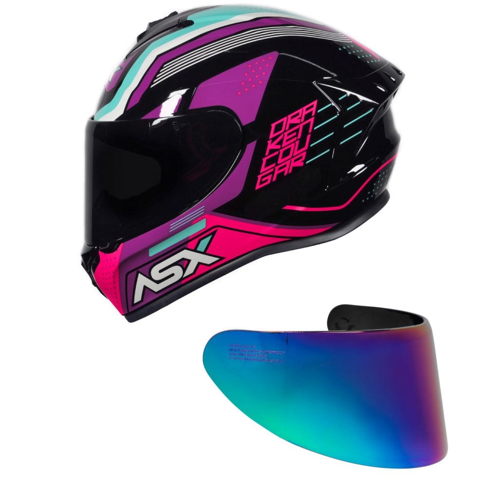 Capacete ASX Draken Cougar Preto e Rosa Mais Viseira Camaleão