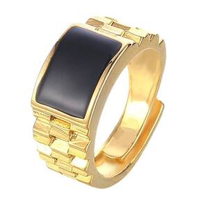 Anel Dourado Pedra Preta Banhado A Ouro Ajustável